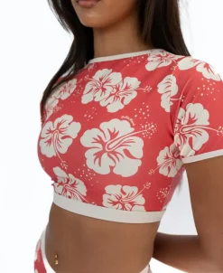 Women Golden Breed Swim-Indie Crop Tee | Hibiscus Wash Red / Beige