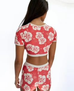 Women Golden Breed Swim-Indie Crop Tee | Hibiscus Wash Red / Beige