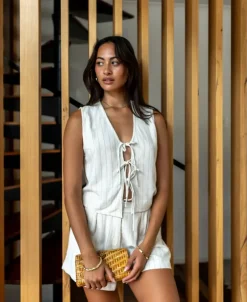 Women Golden Breed Shorts-Kris Short | Off White Fine Pinstripe