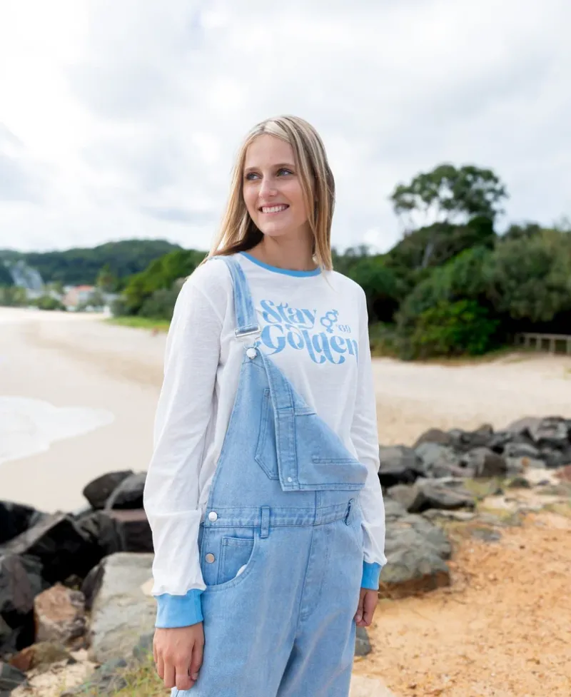 Women Golden Breed Tees-Stay Golden LS | Off White/Azure