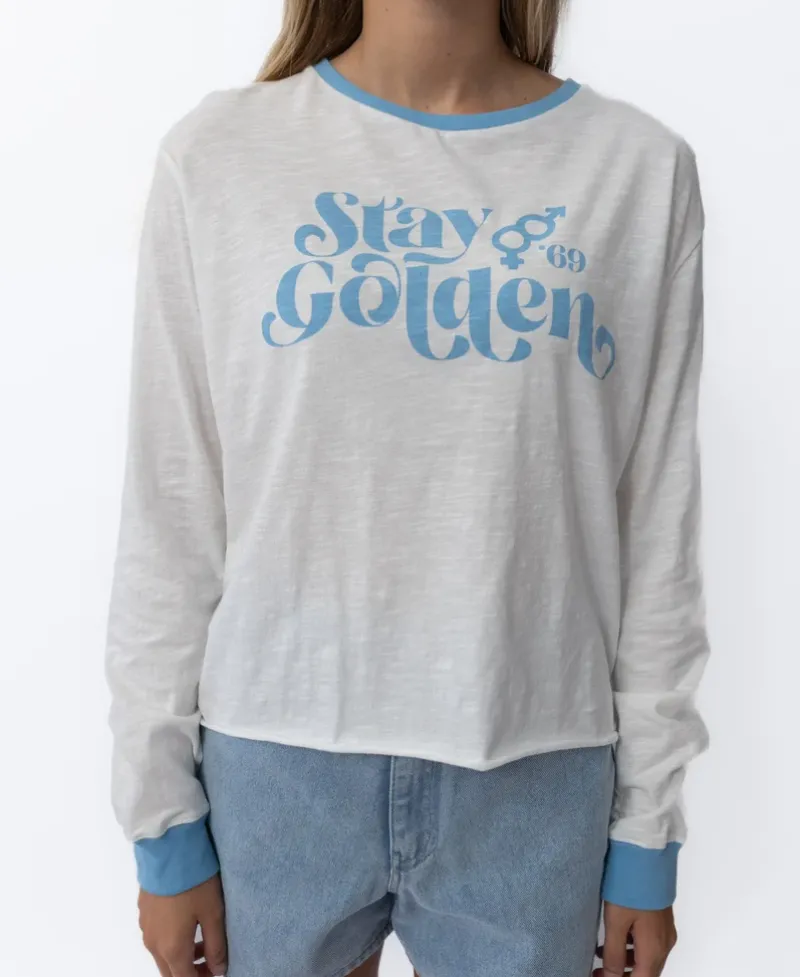 Women Golden Breed Tees-Stay Golden LS | Off White/Azure